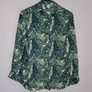 H&M Shirt Women Sz 4 Green Leaf Print Button Up Long Sleeve Tropical Botanical